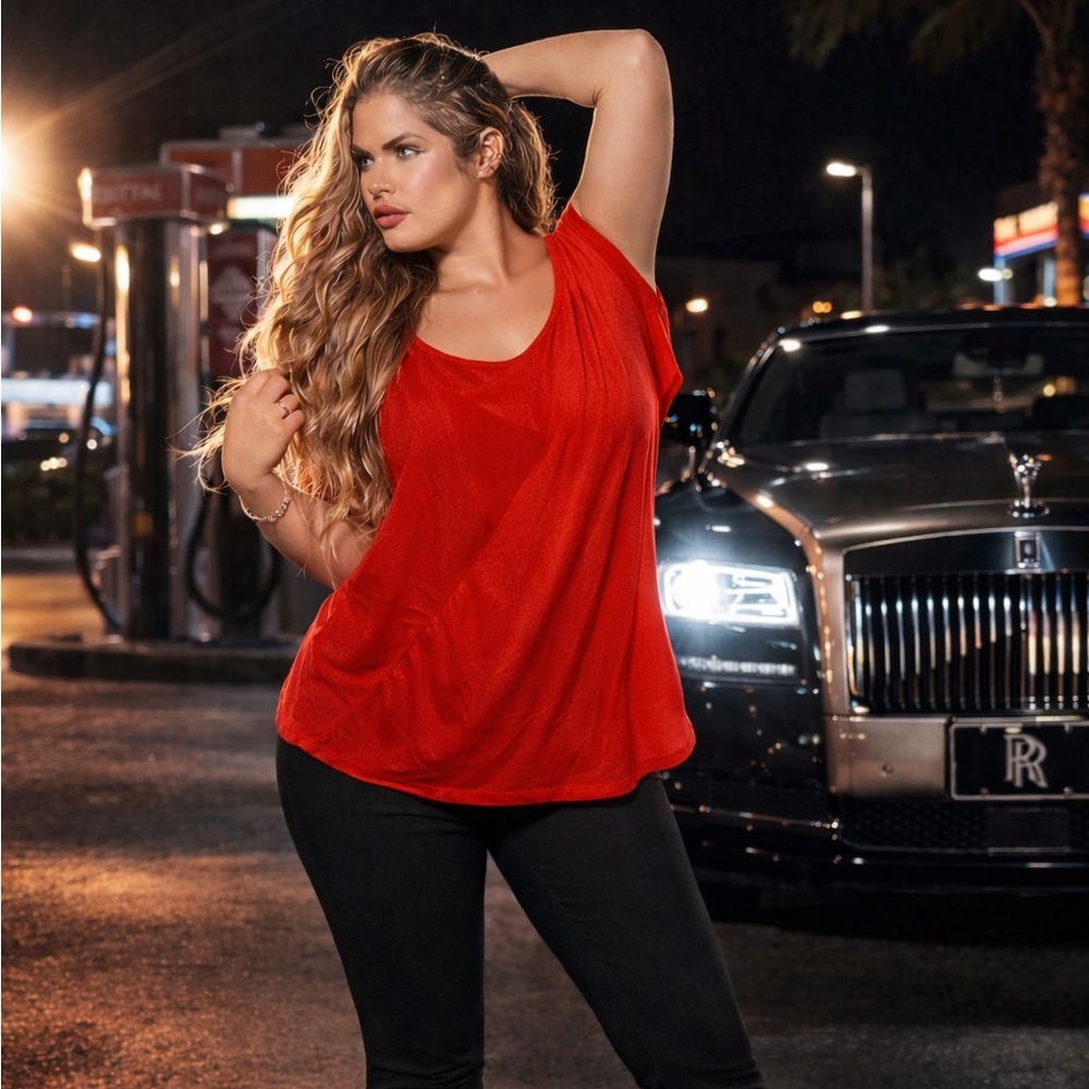 Bebe Red Asymmetrical layered drape short sleeved blouse